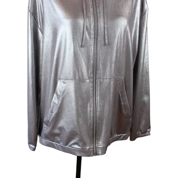 H&M Coachella Silver Sports Jacket Size Medium Zipper Hoodie Metallic D203 - Picture 12 of 14